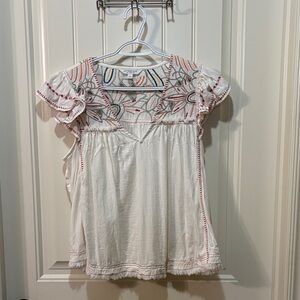 Liverpool Cream Embroidered V-Neck Flutter Sleeve Top